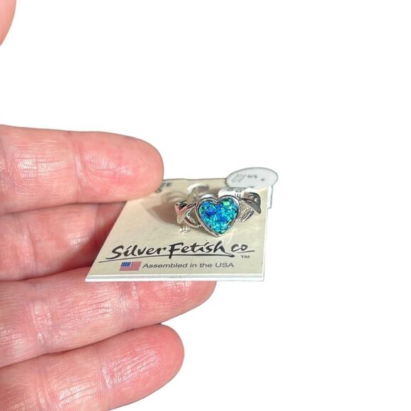 Silver fetish Aurora opal ring heart size 5 new - Picture 1 of 3